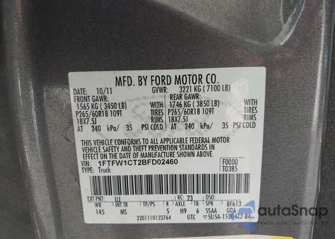 2011 Ford F-150 Xlt из США, поврежденный, VIN 1FTFW1CT2BFD02460